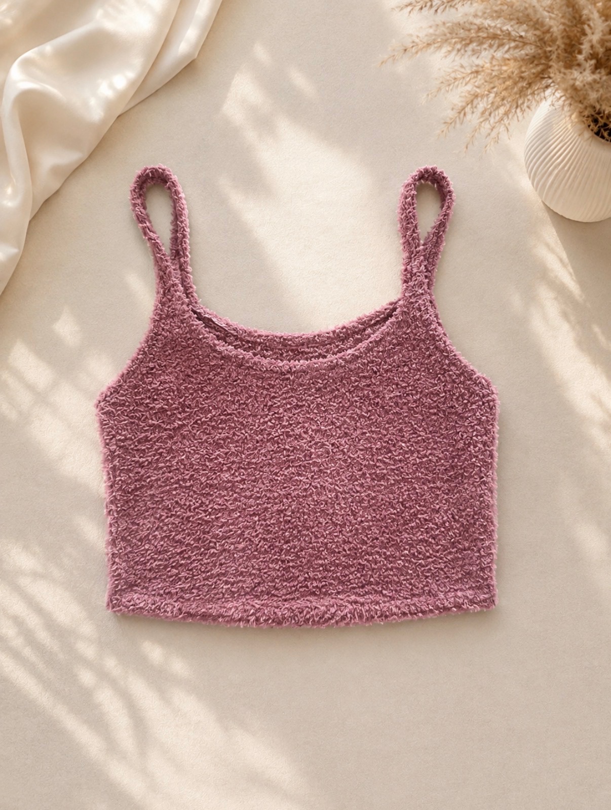 Mályva bolyhos spagetti pántos crop top